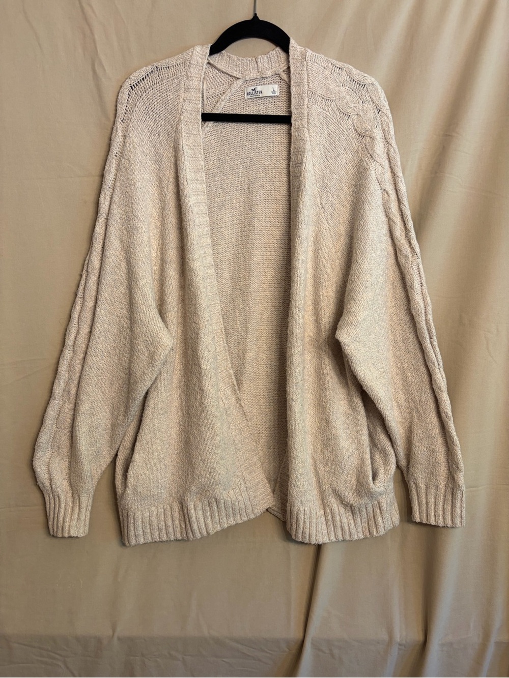 Hollister Open-Front Cardigan Sweater Beige Chunky Cable Knit